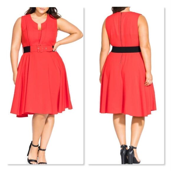 City Chic 'Vintage Veronica' Belted Pleat Fit & Flare Dress - size 16 in Red - Picture 1 of 14